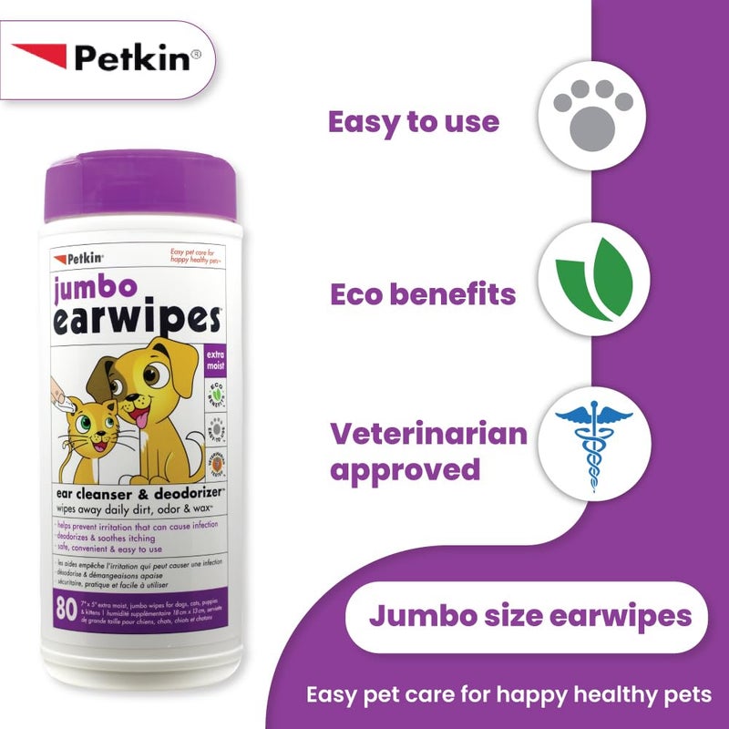 Petkin Jumbo Pet Ear Wipes, 80 Extra Moist Wipes - Soothing & Deodorizing Pet Ear Cleaner to Remove Dirt, Odor, & Wax - Safe, Convenient, & Easy to Use Pet Wipes for Dogs, Cats, Puppies & Kittens - Image 2